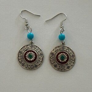 Southwestern Dangle Pierced Earrings Silver Tone w Enamel & Blue Rhinestones